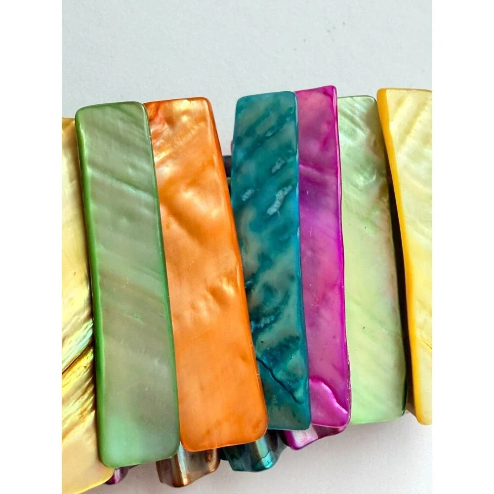 Vintage Multicolor Mother of Pearl Shell Elastic Stretch Cuff Statement Bracelet